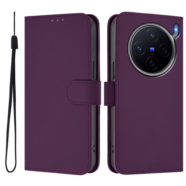 For vivo X300s Skin Feel Solid Color Leather Phone Case with Lanyard