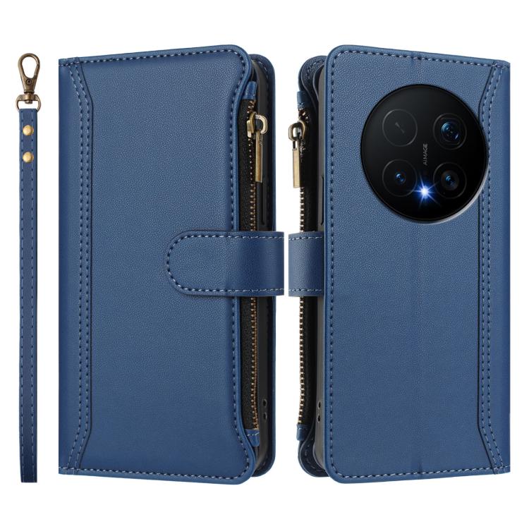 For Honor Magic8 Pro Magnetic Closure 9 Card Slots Zipper Leather Case with Hand Strap