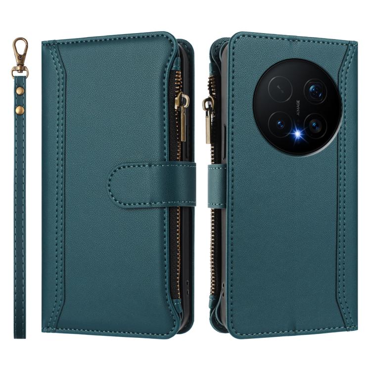 For Honor Magic8 Pro Magnetic Closure 9 Card Slots Zipper Leather Case with Hand Strap