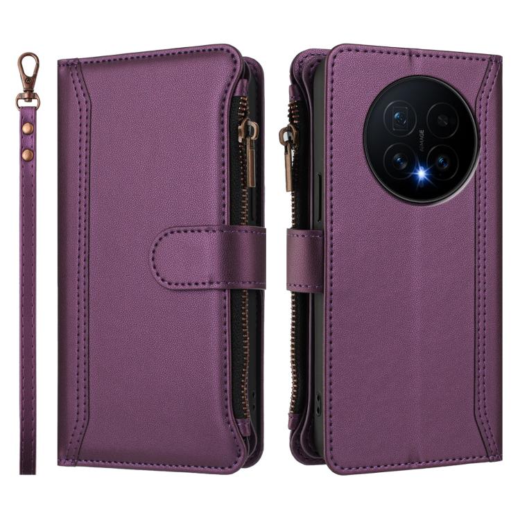 For Honor Magic8 Magnetic Closure 9 Card Slots Zipper Leather Case with Hand Strap