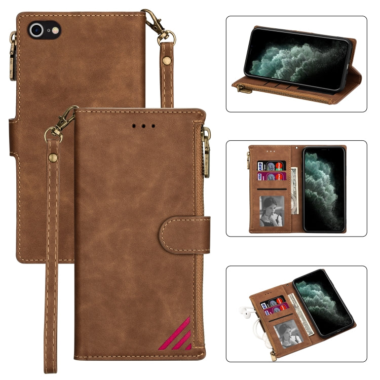 For iPhone SE 2022 / SE 2020 / 8 / 7 Zipper Multi-card Slots Horizontal Flip PU Leather Case with Holder & Card Slots & Wallet & Lanyard & Photo Frame