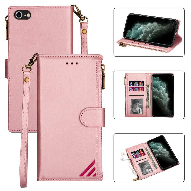 For iPhone SE 2022 / SE 2020 / 8 / 7 Zipper Multi-card Slots Horizontal Flip PU Leather Case with Holder & Card Slots & Wallet & Lanyard & Photo Frame