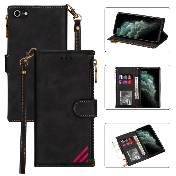 For iPhone SE 2022 / SE 2020 / 8 / 7 Zipper Multi-card Slots Horizontal Flip PU Leather Case with Holder & Card Slots & Wallet & Lanyard & Photo Frame