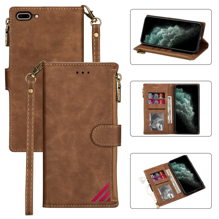 Zipper Multi-card Slots Horizontal Flip PU Leather Case with Holder & Card Slots & Wallet & Lanyard & Photo Frame for iPhone 8 Plus / 7 Plus