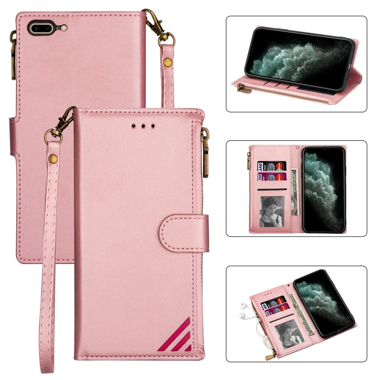 Zipper Multi-card Slots Horizontal Flip PU Leather Case with Holder & Card Slots & Wallet & Lanyard & Photo Frame for iPhone 8 Plus / 7 Plus