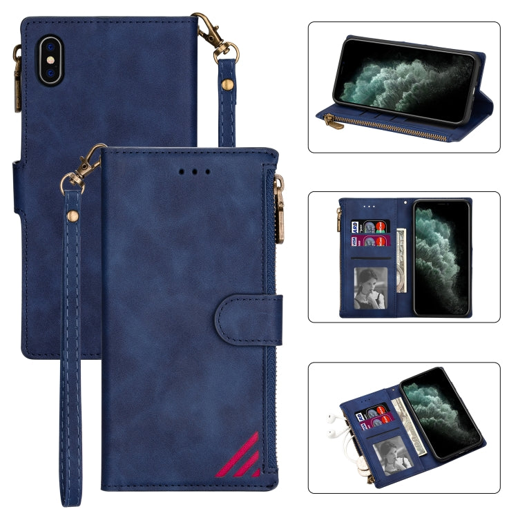 For iPhone X / XS Zipper Multi-card Slots Horizontal Flip PU Leather Case with Holder & Card Slots & Wallet & Lanyard & Photo Frame