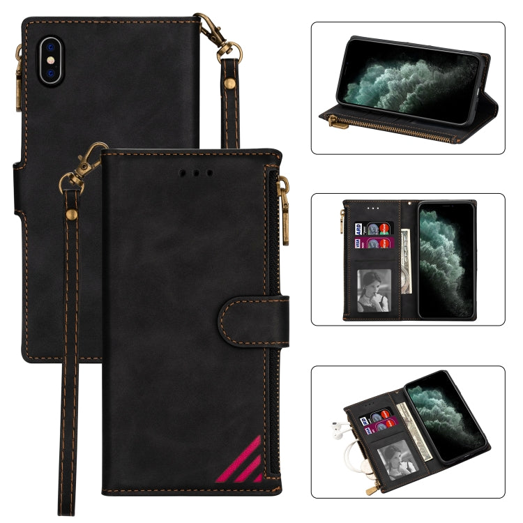 For iPhone XS Max Zipper Multi-card Slots Horizontal Flip PU Leather Case with Holder & Card Slots & Wallet & Lanyard & Photo Frame
