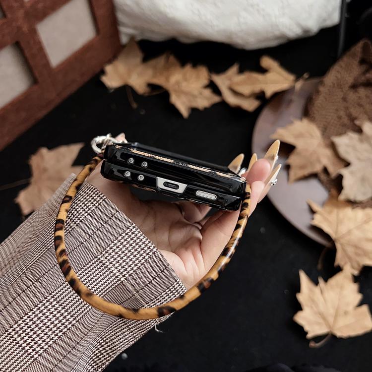 For Samsung Galaxy Z Flip7 5G Side Buckle MagSafe Magnetic Skin Feel Leopard PC Phone Case with Strap