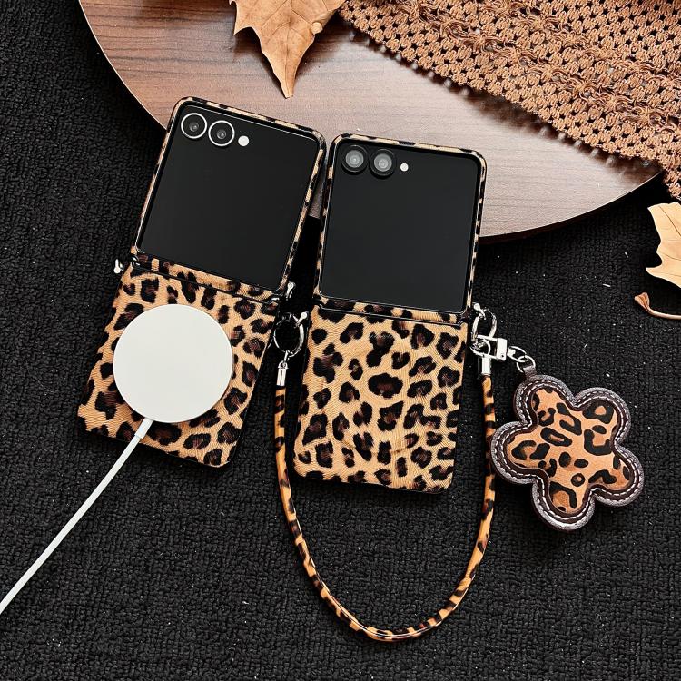 For Samsung Galaxy Z Flip7 5G Side Buckle MagSafe Magnetic Skin Feel Leopard PC Phone Case with Strap