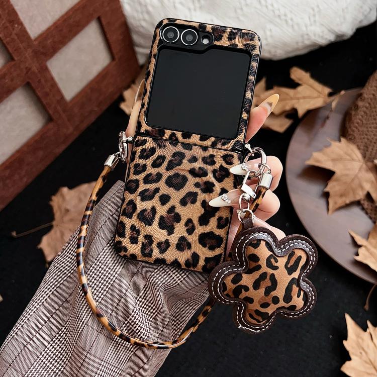 For Samsung Galaxy Z Flip5 5G Side Buckle MagSafe Magnetic Skin Feel Leopard PC Phone Case with Strap