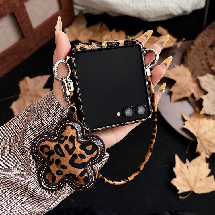 For Samsung Galaxy Z Flip5 5G Side Buckle MagSafe Magnetic Skin Feel Leopard PC Phone Case with Strap