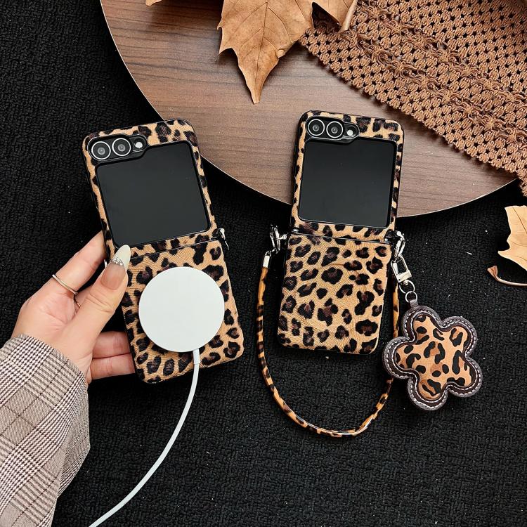 For Samsung Galaxy Z Flip5 5G Side Buckle MagSafe Magnetic Skin Feel Leopard PC Phone Case with Strap