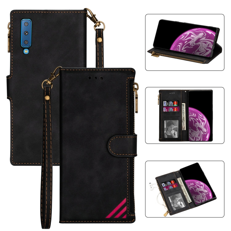 For Samsung Galaxy A7 2018 Zipper Multi-card Slots Horizontal Flip PU Leather Case with Holder & Card Slots & Wallet & Lanyard & Photo Frame
