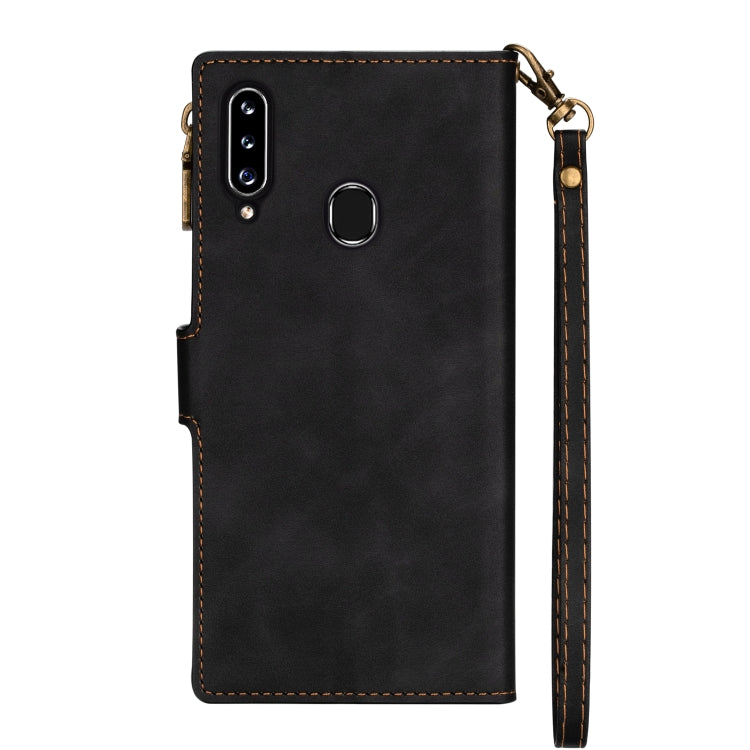 For Samsung Galaxy A20s Zipper Multi-card Slots Horizontal Flip PU Leather Case with Holder & Card Slots & Wallet & Lanyard & Photo Frame