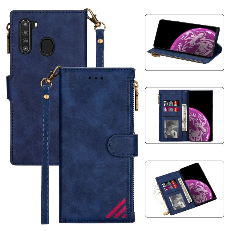 For Samsung Galaxy A21 Zipper Multi-card Slots Horizontal Flip PU Leather Case with Holder & Card Slots & Wallet & Lanyard & Photo Frame
