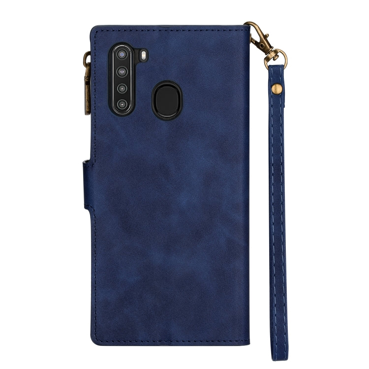 For Samsung Galaxy A21 Zipper Multi-card Slots Horizontal Flip PU Leather Case with Holder & Card Slots & Wallet & Lanyard & Photo Frame