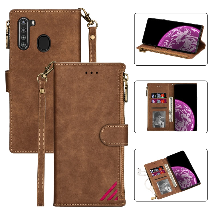 For Samsung Galaxy A21 Zipper Multi-card Slots Horizontal Flip PU Leather Case with Holder & Card Slots & Wallet & Lanyard & Photo Frame