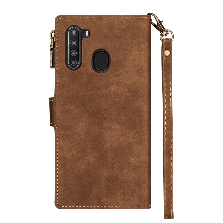 For Samsung Galaxy A21 Zipper Multi-card Slots Horizontal Flip PU Leather Case with Holder & Card Slots & Wallet & Lanyard & Photo Frame