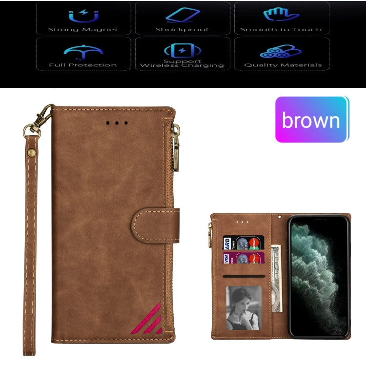 For Samsung Galaxy A21 Zipper Multi-card Slots Horizontal Flip PU Leather Case with Holder & Card Slots & Wallet & Lanyard & Photo Frame