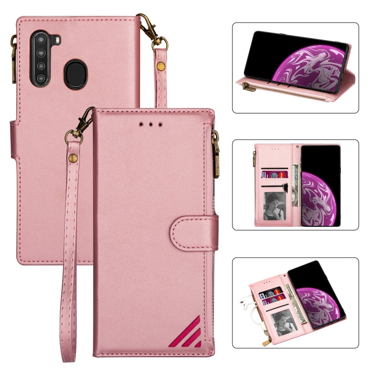 For Samsung Galaxy A21 Zipper Multi-card Slots Horizontal Flip PU Leather Case with Holder & Card Slots & Wallet & Lanyard & Photo Frame