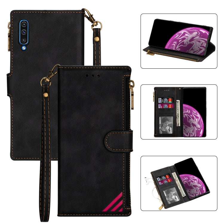 For Samsung Galaxy A50 Zipper Multi-card Slots Horizontal Flip PU Leather Case with Holder & Card Slots & Wallet & Lanyard & Photo Frame