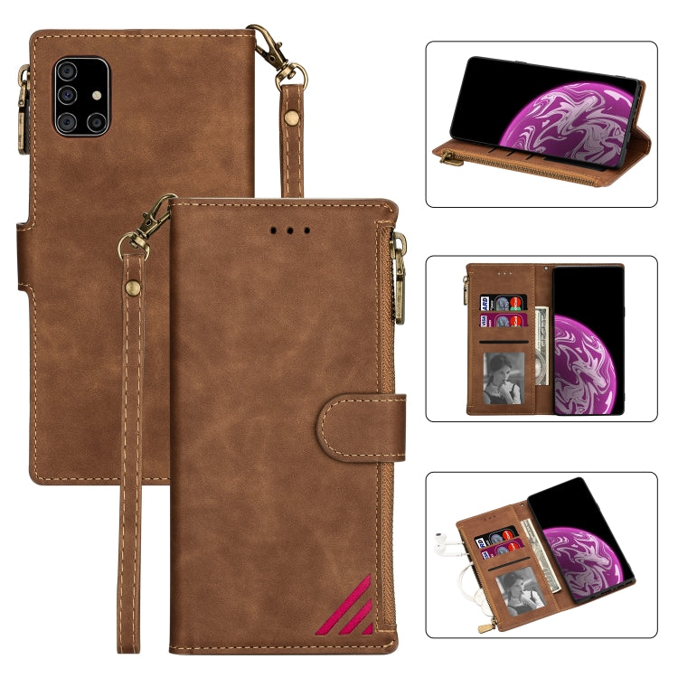 For Samsung Galaxy A41 Zipper Multi-card Slots Horizontal Flip PU Leather Case with Holder & Card Slots & Wallet & Lanyard & Photo Frame