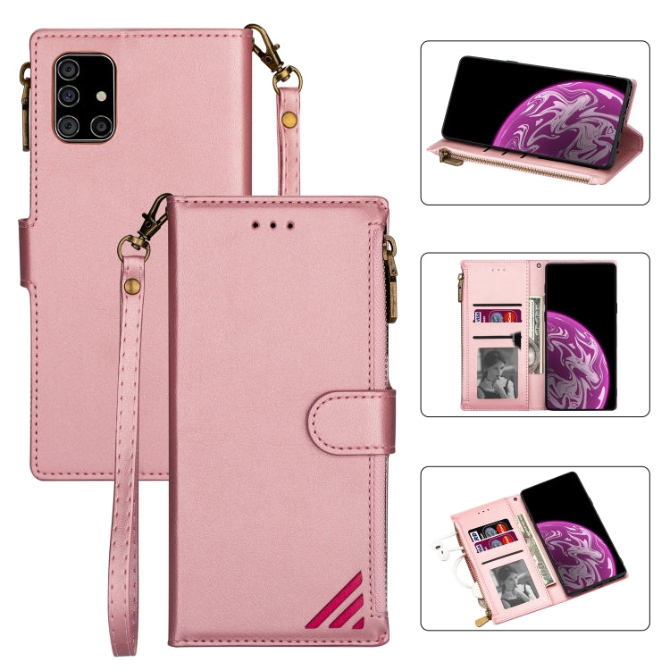 For Samsung Galaxy A71 5G Zipper Multi-card Slots Horizontal Flip PU Leather Case with Holder & Card Slots & Wallet & Lanyard & Photo Frame(Rose Gold)