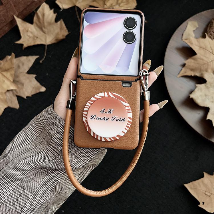 For Honor Magic V Flip 2 Side Buckle MagSafe Magnetic PC Stand Phone Case with Lanyard - Brown
