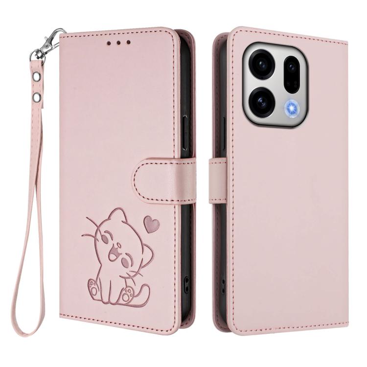 For OPPO Find X9 Embossed Heart Cat Leather Phone Case with Hand Strap