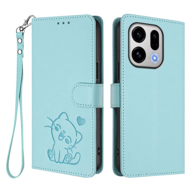 For OPPO Find X9 Embossed Heart Cat Leather Phone Case with Hand Strap
