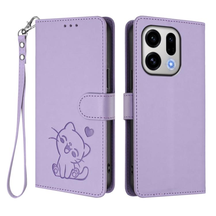 For OPPO Find X9 Embossed Heart Cat Leather Phone Case with Hand Strap