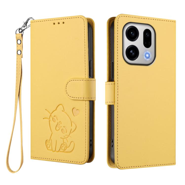 For OPPO Find X9 Embossed Heart Cat Leather Phone Case with Hand Strap