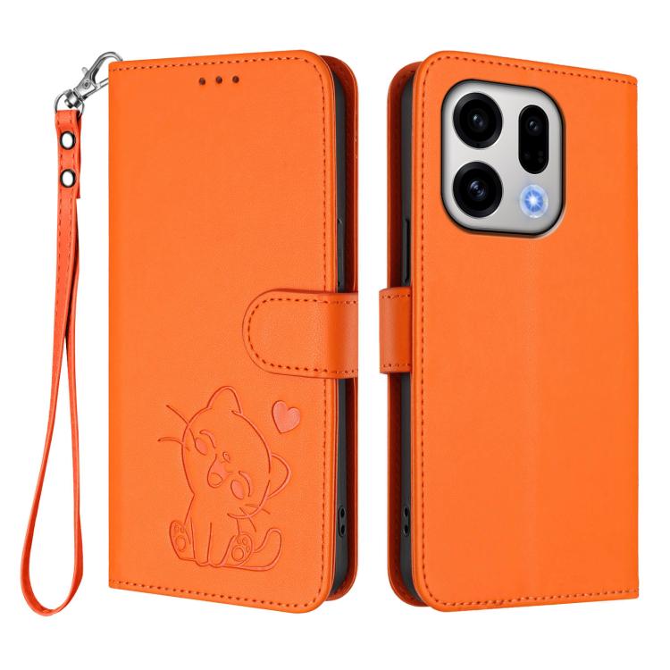 For OPPO Find X9 Embossed Heart Cat Leather Phone Case with Hand Strap