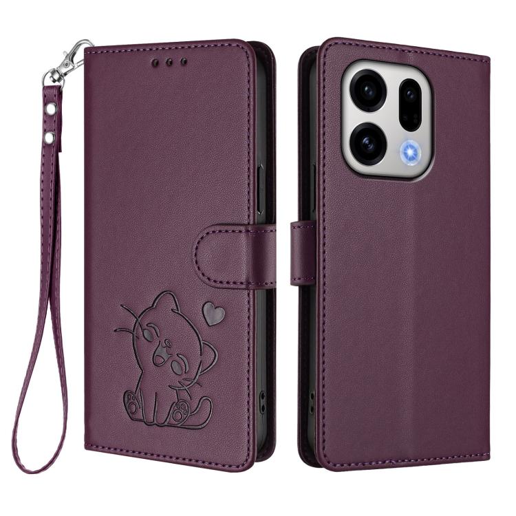 For OPPO Find X9 Embossed Heart Cat Leather Phone Case with Hand Strap