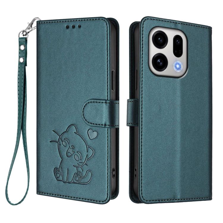 For OPPO Find X9 Embossed Heart Cat Leather Phone Case with Hand Strap
