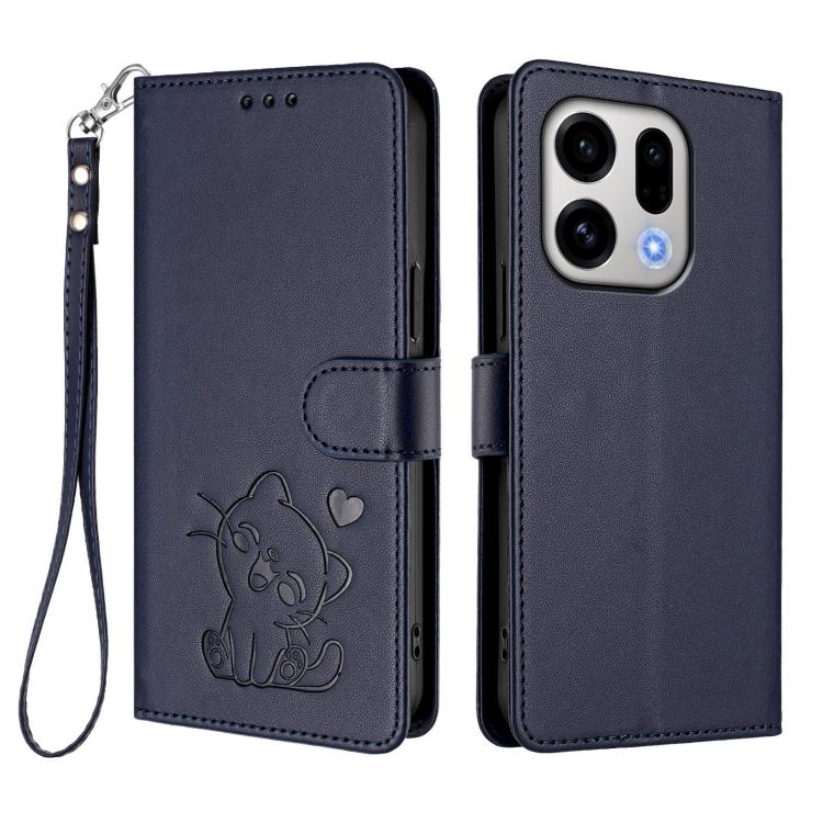 For OPPO Find X9 Embossed Heart Cat Leather Phone Case with Hand Strap