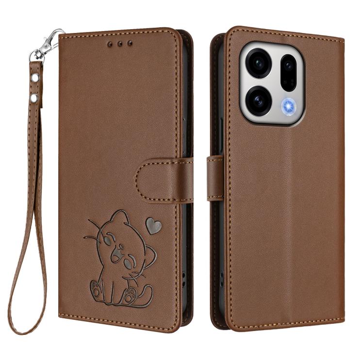 For OPPO Find X9 Embossed Heart Cat Leather Phone Case with Hand Strap