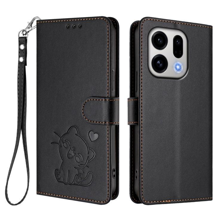 For OPPO Find X9 Embossed Heart Cat Leather Phone Case with Hand Strap