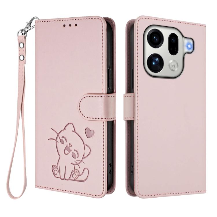 For OPPO Find X9 Pro Embossed Heart Cat Leather Phone Case with Hand Strap