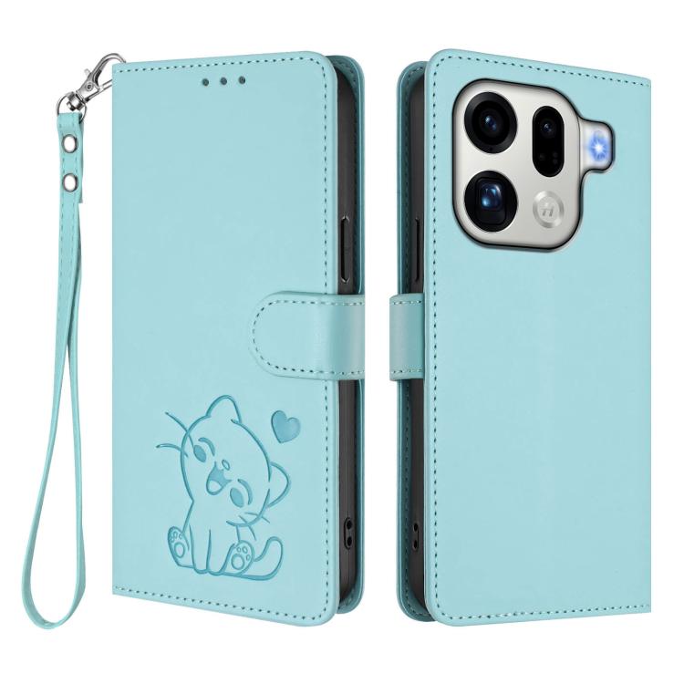 For OPPO Find X9 Pro Embossed Heart Cat Leather Phone Case with Hand Strap