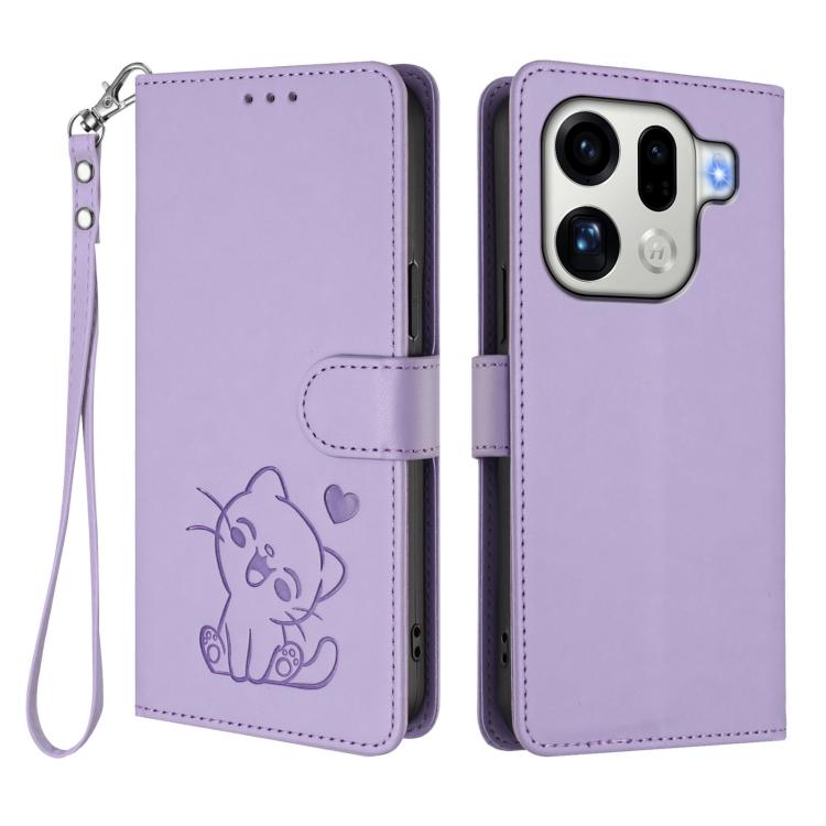 For OPPO Find X9 Pro Embossed Heart Cat Leather Phone Case with Hand Strap