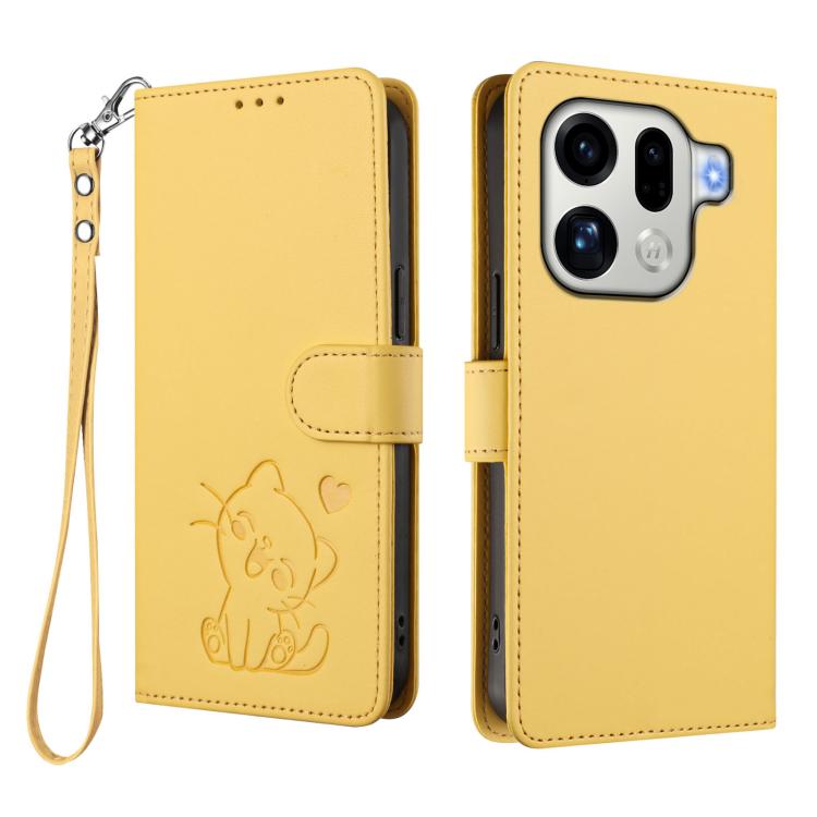 For OPPO Find X9 Pro Embossed Heart Cat Leather Phone Case with Hand Strap