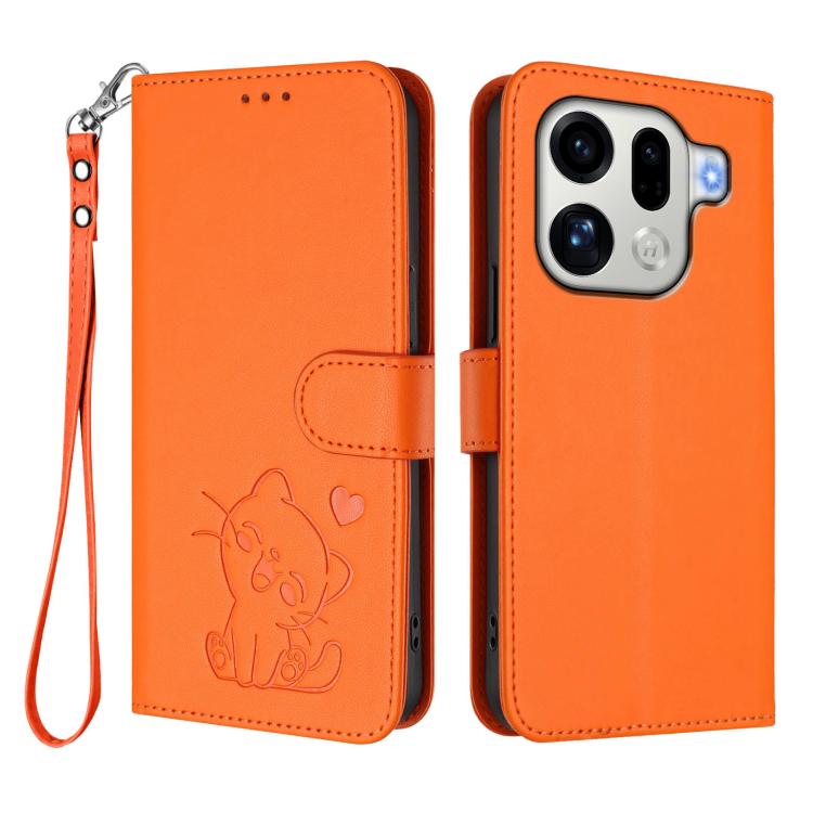 For OPPO Find X9 Pro Embossed Heart Cat Leather Phone Case with Hand Strap