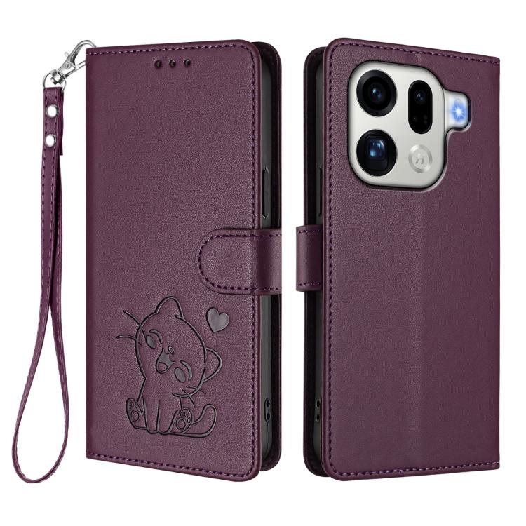 For OPPO Find X9 Pro Embossed Heart Cat Leather Phone Case with Hand Strap