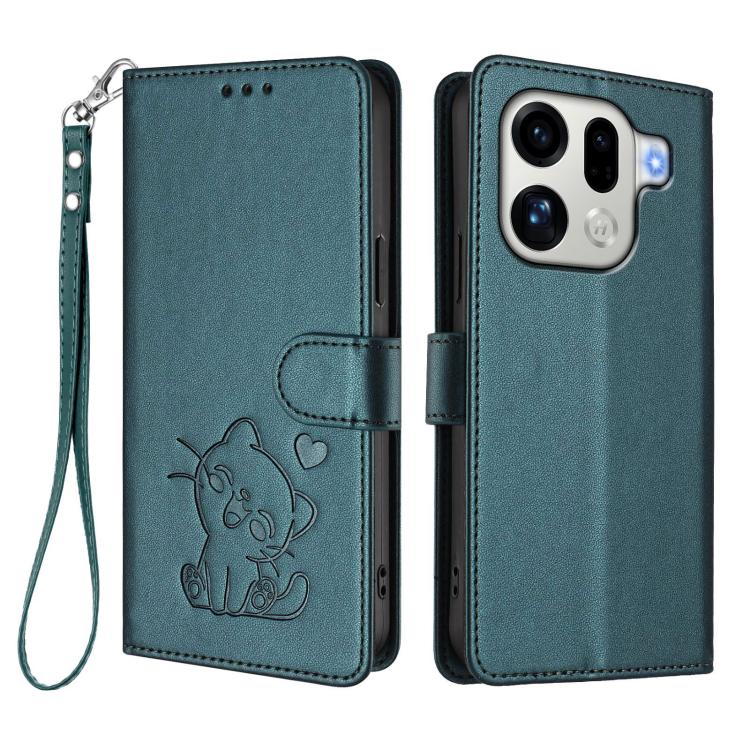 For OPPO Find X9 Pro Embossed Heart Cat Leather Phone Case with Hand Strap
