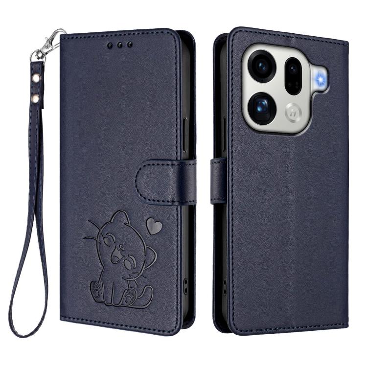 For OPPO Find X9 Pro Embossed Heart Cat Leather Phone Case with Hand Strap