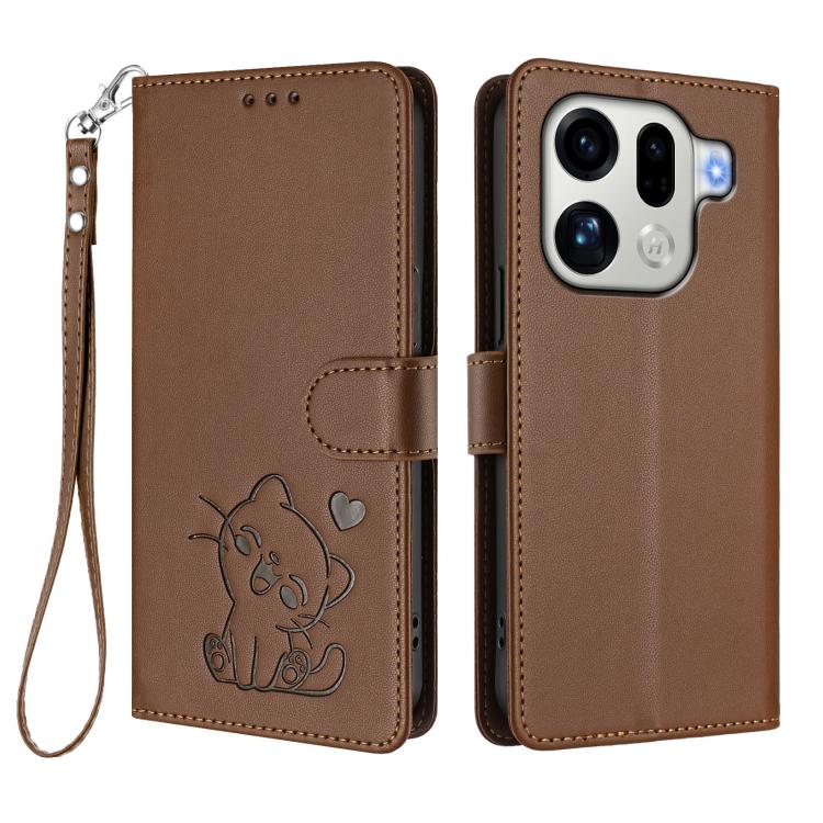 For OPPO Find X9 Pro Embossed Heart Cat Leather Phone Case with Hand Strap