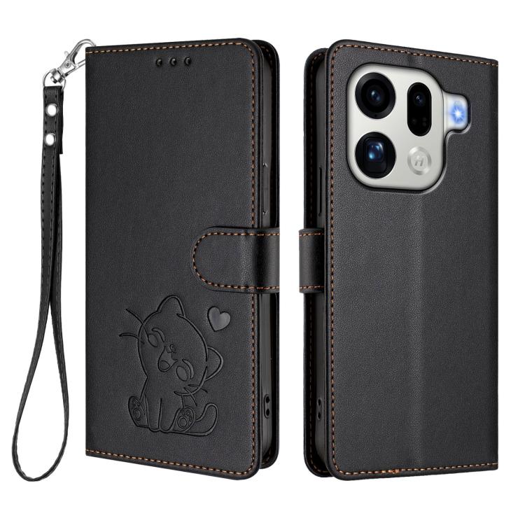 For OPPO Find X9 Pro Embossed Heart Cat Leather Phone Case with Hand Strap