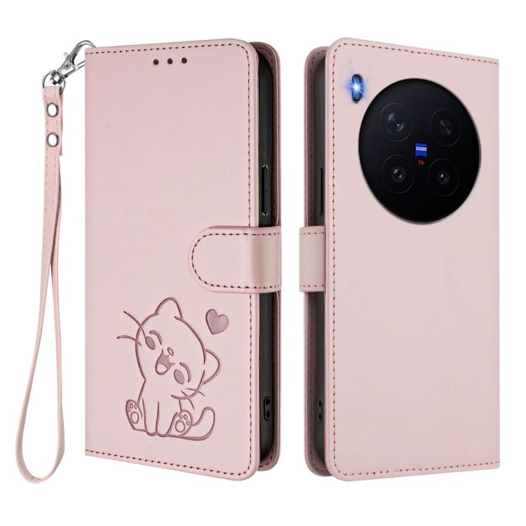 For vivo X300 Pro Embossed Heart Cat Leather Phone Case with Hand Strap