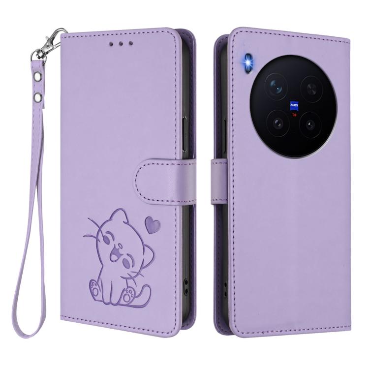 For vivo X300 Pro Embossed Heart Cat Leather Phone Case with Hand Strap